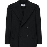 Siyah Sivri Yaka Yünlü Düğmeli Cepli Sıcak Tutan Kruvaze Kaban