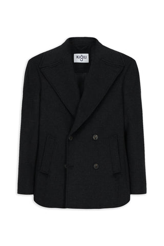  Siyah Sivri Yaka Yünlü Düğmeli Cepli Sıcak Tutan Kruvaze Kaban