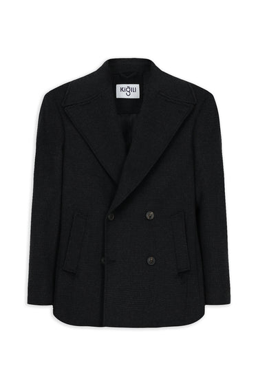  Siyah Sivri Yaka Yünlü Düğmeli Cepli Sıcak Tutan Kruvaze Kaban