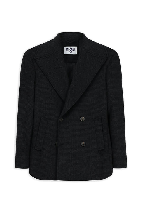 Siyah Sivri Yaka Yünlü Düğmeli Cepli Sıcak Tutan Kruvaze Kaban