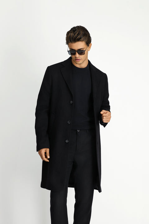 Siyah Yünlü Klasik Desenli Kaban