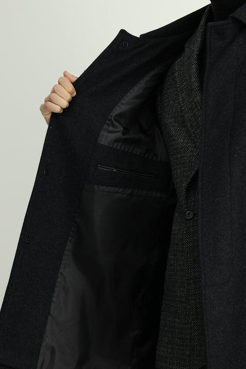 Koyu Antrasit Yünlü Klasik Kaban