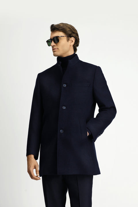 Koyu Lacivert Yünlü Klasik Kaban