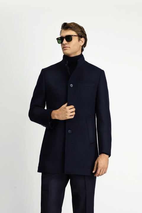 Koyu Lacivert Yünlü Klasik Kaban