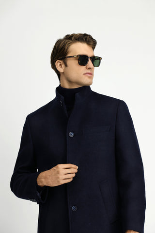  Koyu Lacivert Yünlü Klasik Kaban