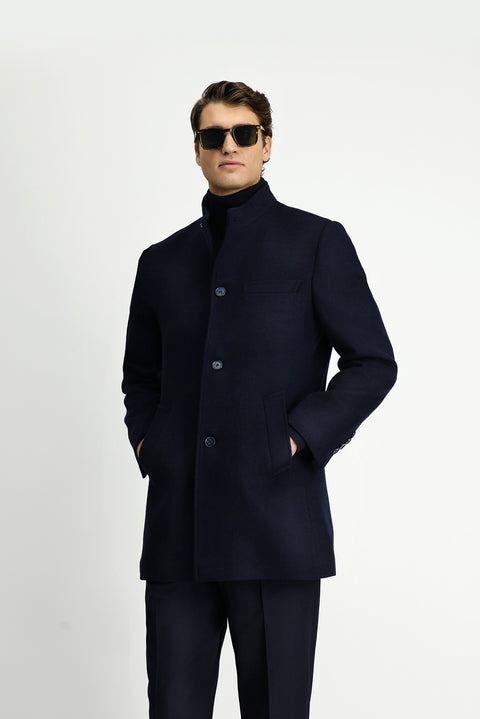 Koyu Lacivert Yünlü Klasik Kaban