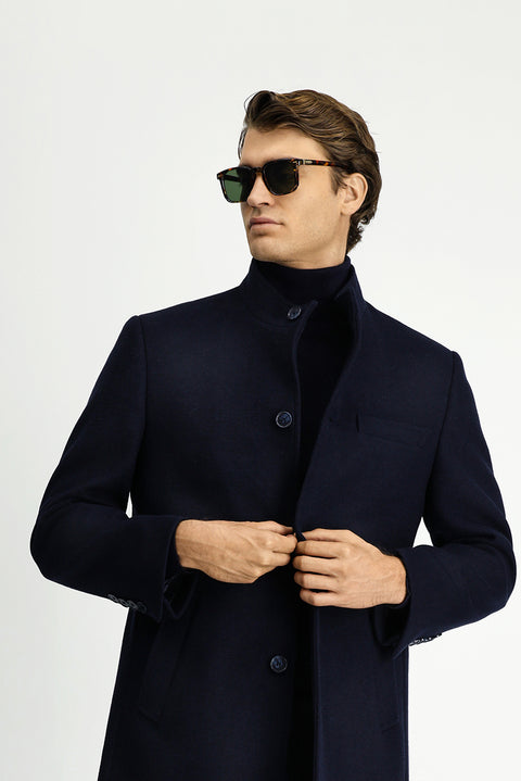 Koyu Lacivert Yünlü Klasik Kaban