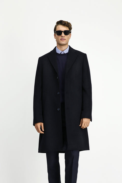 Koyu Lacivert Yünlü Klasik Kaban