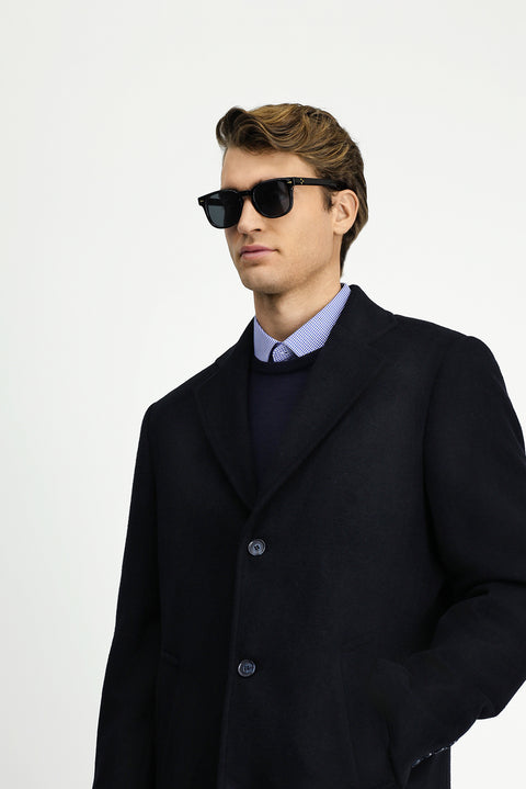 Koyu Lacivert Yünlü Klasik Kaban