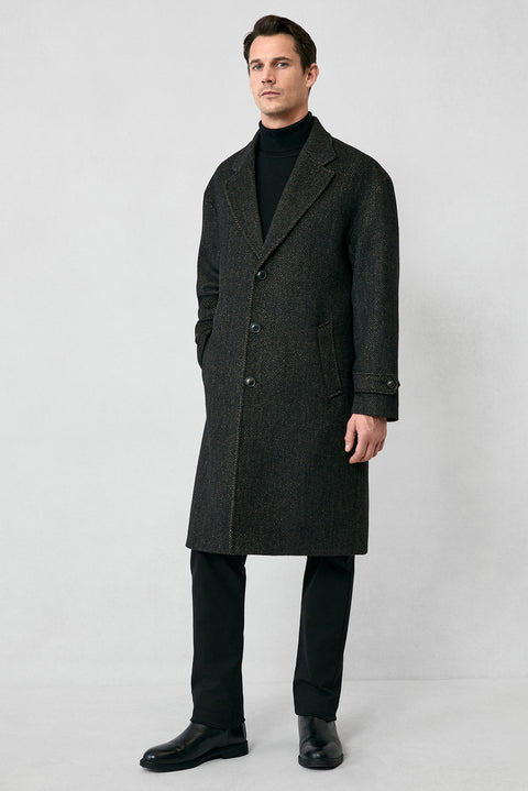 Orta Kahve Oversize Ekstra Rahat Kesim Apoletli Cepli Desenli Yünlü Palto