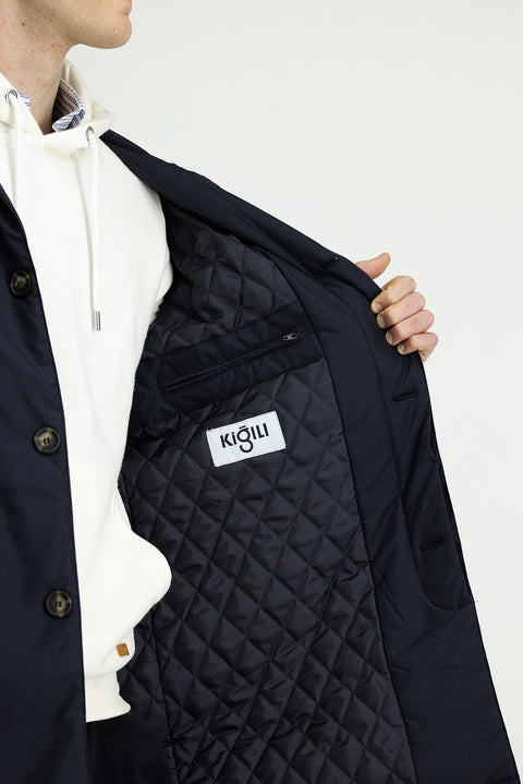 Medium Navy Buttoned Quilted Overcoat & Trench Coat