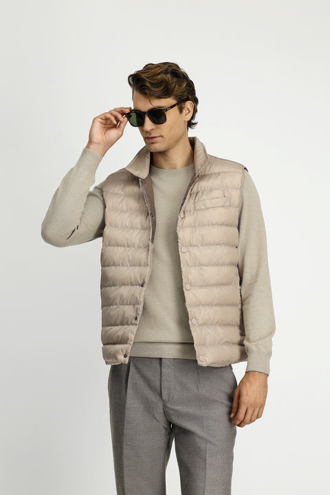 Açık Bej Düğmeli Kapitone Spor Yelek