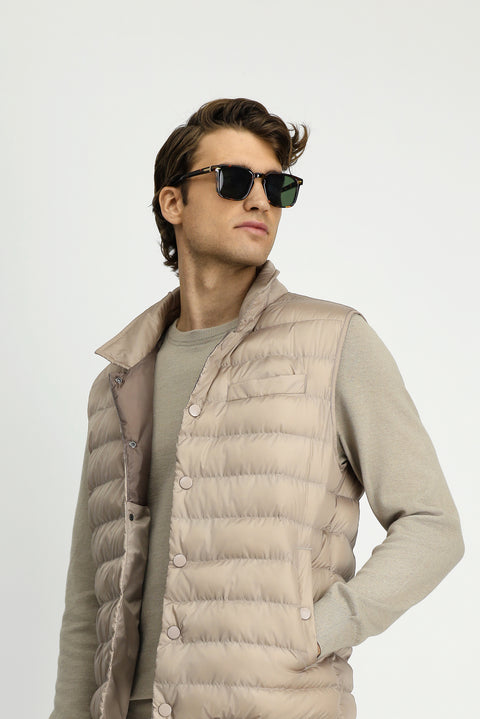 Açık Bej Düğmeli Kapitone Spor Yelek