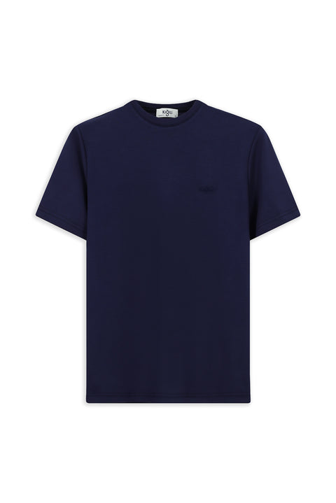 Orta Lacivert Bisiklet Yaka Regular Fit Nakışlı Likralı Esnek Tişört