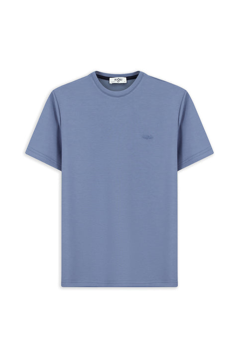 Havacı Mavi Bisiklet Yaka Regular Fit Nakışlı Likralı Esnek Tişört