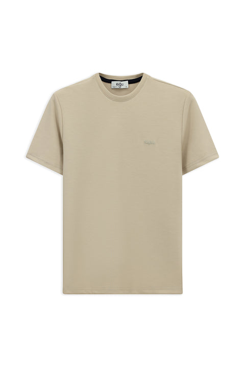 Açık Bej Bisiklet Yaka Regular Fit Nakışlı Likralı Esnek Tişört