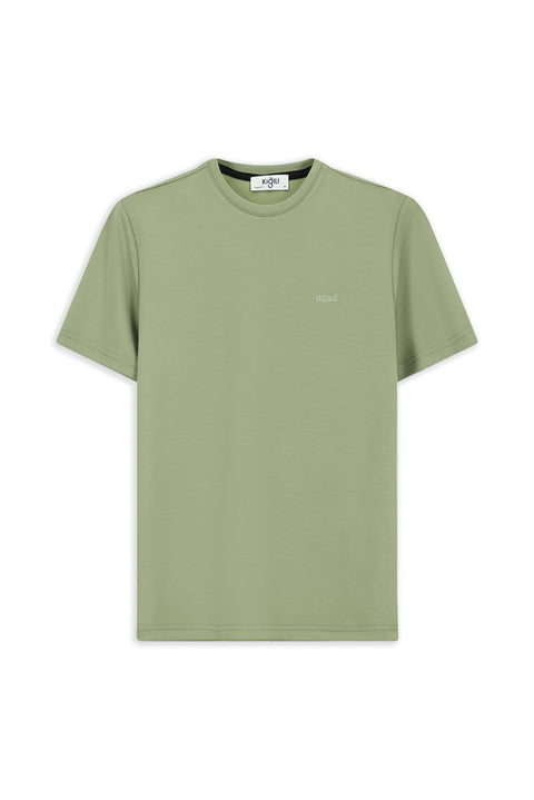 Açık Haki Bisiklet Yaka Regular Fit Nakışlı Likralı Esnek Tişört