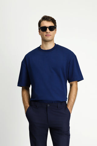  Orta Lacivert Bisiklet Yaka Oversize Ekstra Rahat Kesim Pamuk Tişört