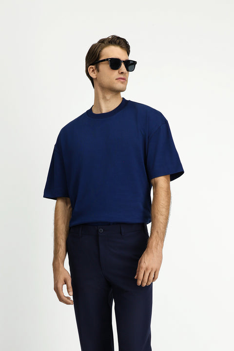 Orta Lacivert Bisiklet Yaka Oversize Ekstra Rahat Kesim Pamuk Tişört