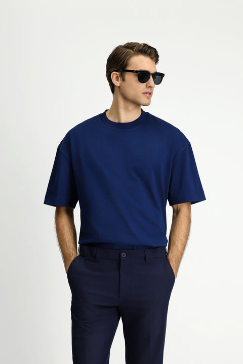 Orta Lacivert Bisiklet Yaka Oversize Ekstra Rahat Kesim Pamuk Tişört