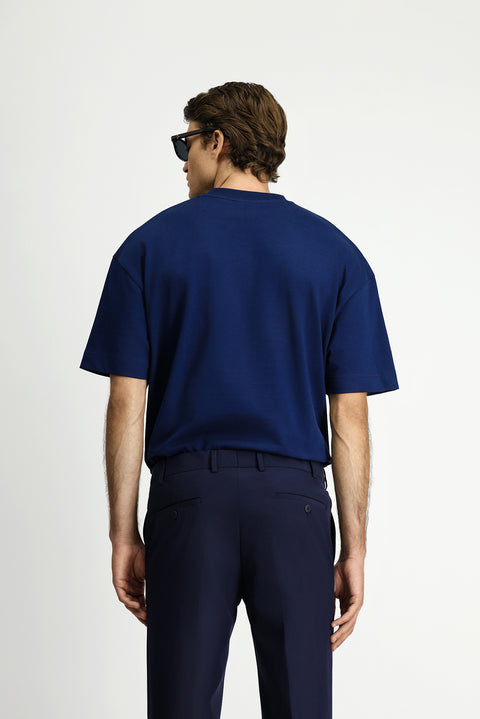 Orta Lacivert Bisiklet Yaka Oversize Ekstra Rahat Kesim Pamuk Tişört