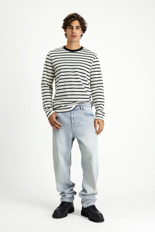  Ekru Bisiklet Yaka Regular Fit Çizgili Sweatshirt