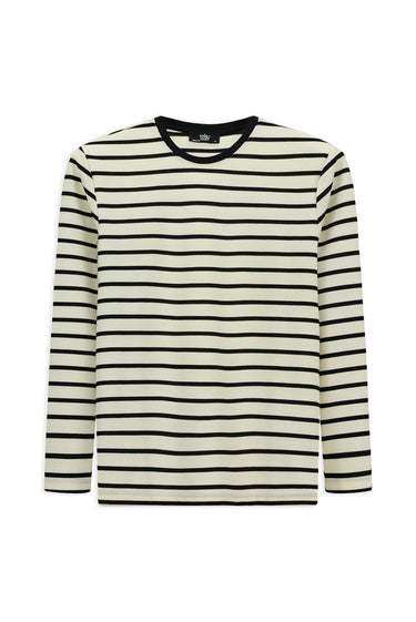  Ekru Bisiklet Yaka Regular Fit Çizgili Sweatshirt