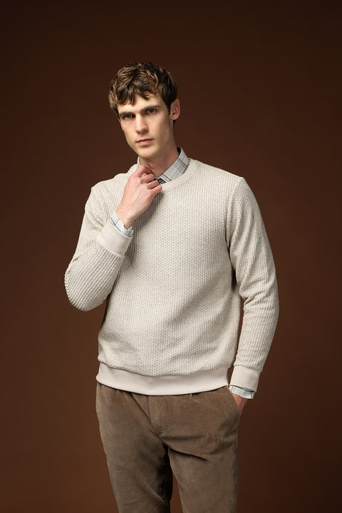 Light Beige Crew Neck Regular Fit Patterned Cotton Sweatshirt