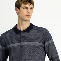Orta Lacivert Polo Yaka Regular Fit Çizgili Sweatshirt
