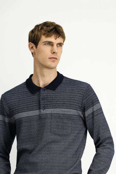 Orta Lacivert Polo Yaka Regular Fit Çizgili Sweatshirt