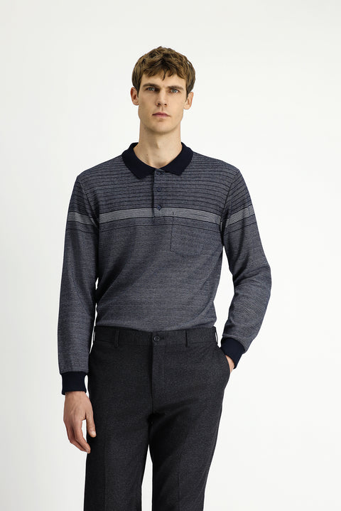 Orta Lacivert Polo Yaka Regular Fit Çizgili Sweatshirt