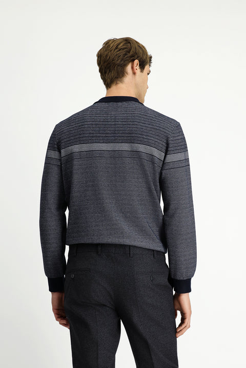 Orta Lacivert Polo Yaka Regular Fit Çizgili Sweatshirt