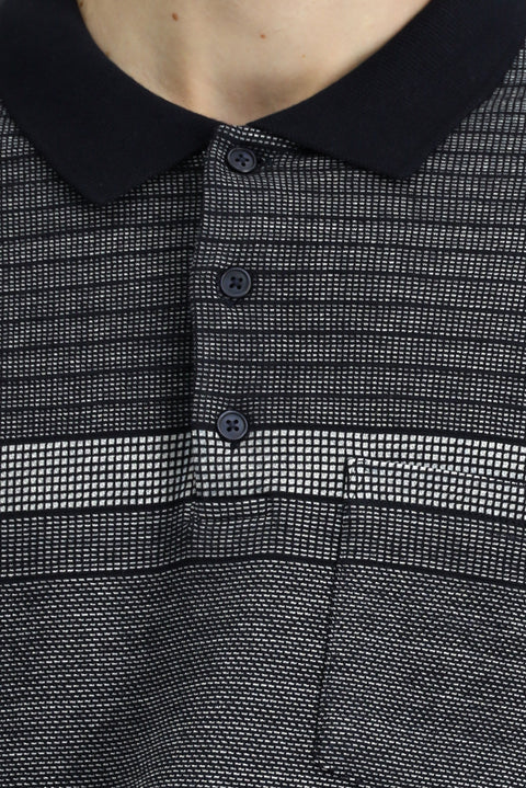 Orta Lacivert Polo Yaka Regular Fit Çizgili Sweatshirt