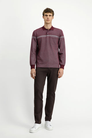  Koyu Bordo Polo Yaka Regular Fit Çizgili Sweatshirt