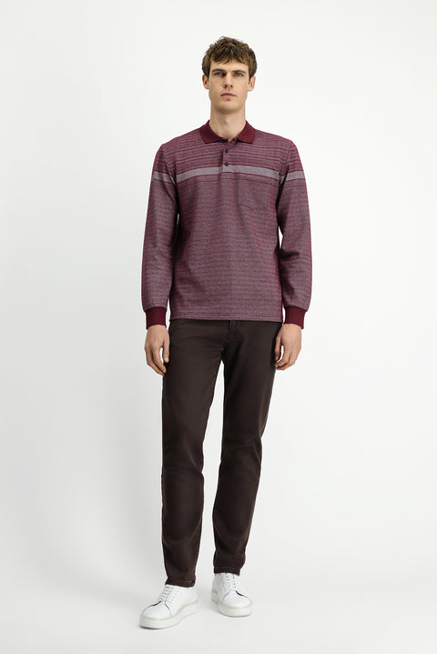 Koyu Bordo Polo Yaka Regular Fit Çizgili Sweatshirt