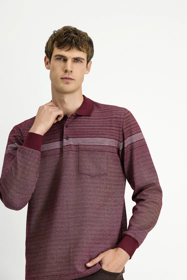  Koyu Bordo Polo Yaka Regular Fit Çizgili Sweatshirt