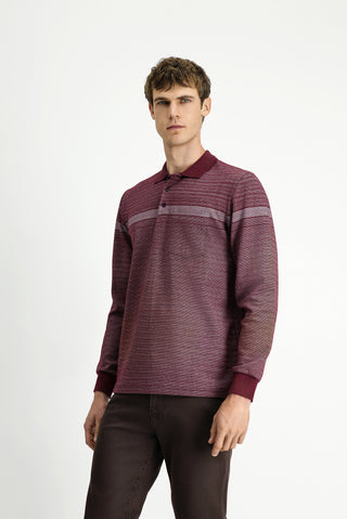  Koyu Bordo Polo Yaka Regular Fit Çizgili Sweatshirt