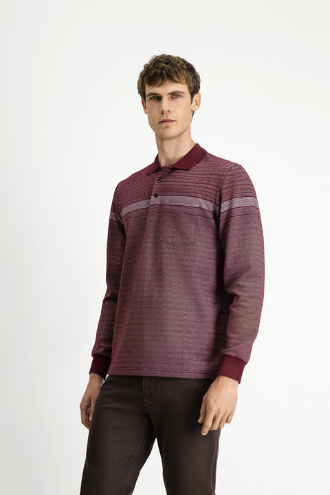 Koyu Bordo Polo Yaka Regular Fit Çizgili Sweatshirt