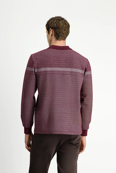Koyu Bordo Polo Yaka Regular Fit Çizgili Sweatshirt