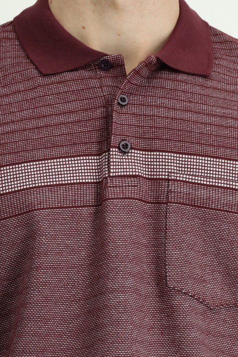 Koyu Bordo Polo Yaka Regular Fit Çizgili Sweatshirt
