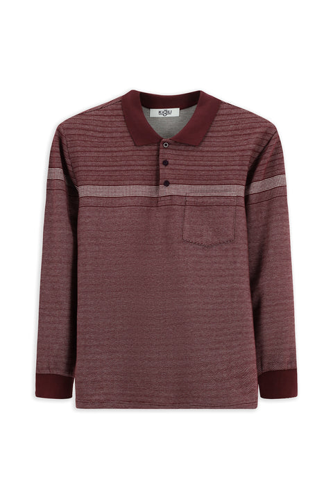 Koyu Bordo Polo Yaka Regular Fit Çizgili Sweatshirt