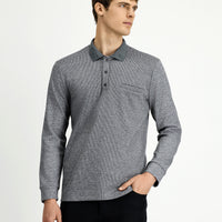 Orta Gri Melanj Polo Yaka Regular Fit Desenli Pamuklu Sweatshit