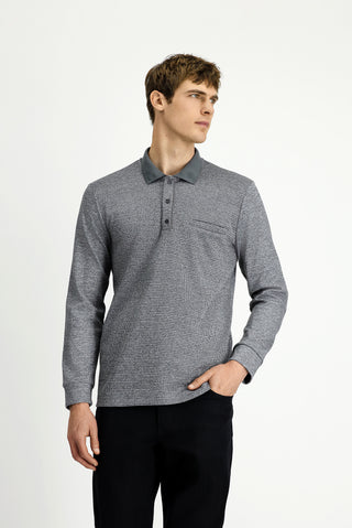  Orta Gri Melanj Polo Yaka Regular Fit Desenli Pamuklu Sweatshit