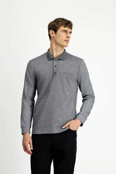  Orta Gri Melanj Polo Yaka Regular Fit Desenli Pamuklu Sweatshit