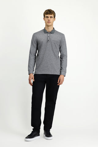  Orta Gri Melanj Polo Yaka Regular Fit Desenli Pamuklu Sweatshit