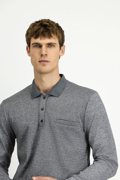 Orta Gri Melanj Polo Yaka Regular Fit Desenli Pamuklu Sweatshit