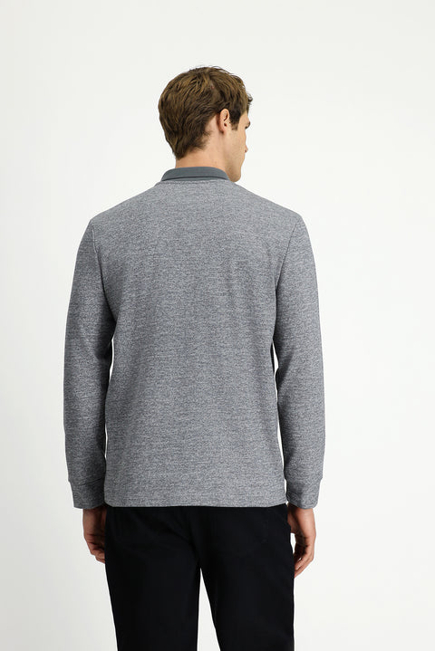 Orta Gri Melanj Polo Yaka Regular Fit Desenli Pamuklu Sweatshit