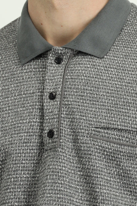 Orta Gri Melanj Polo Yaka Regular Fit Desenli Pamuklu Sweatshit