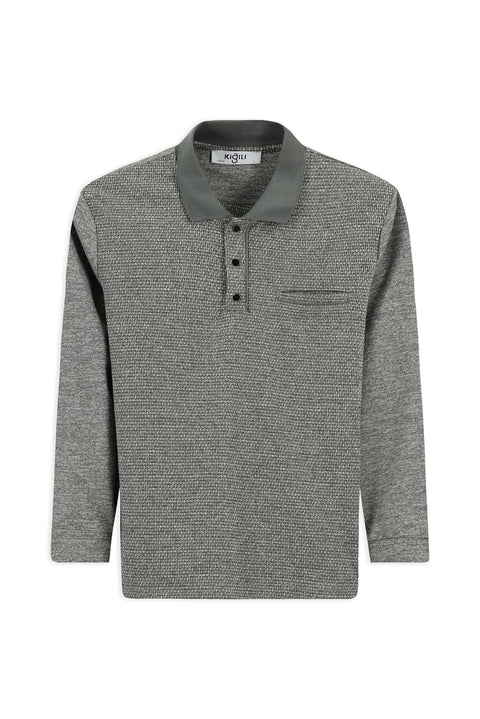 Orta Gri Melanj Polo Yaka Regular Fit Desenli Pamuklu Sweatshit