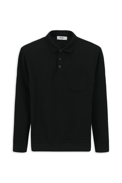 Black Polo Collar Regular Fit Patterned Cotton Sweatshirt with Pockets